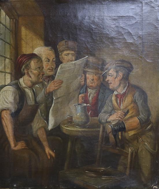 19th century English School, oil on canvas, Reading the news, 36 x 30cm, unframed